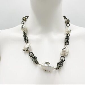 Natural Chunky Pearl Gun Metal Crystal Necklace